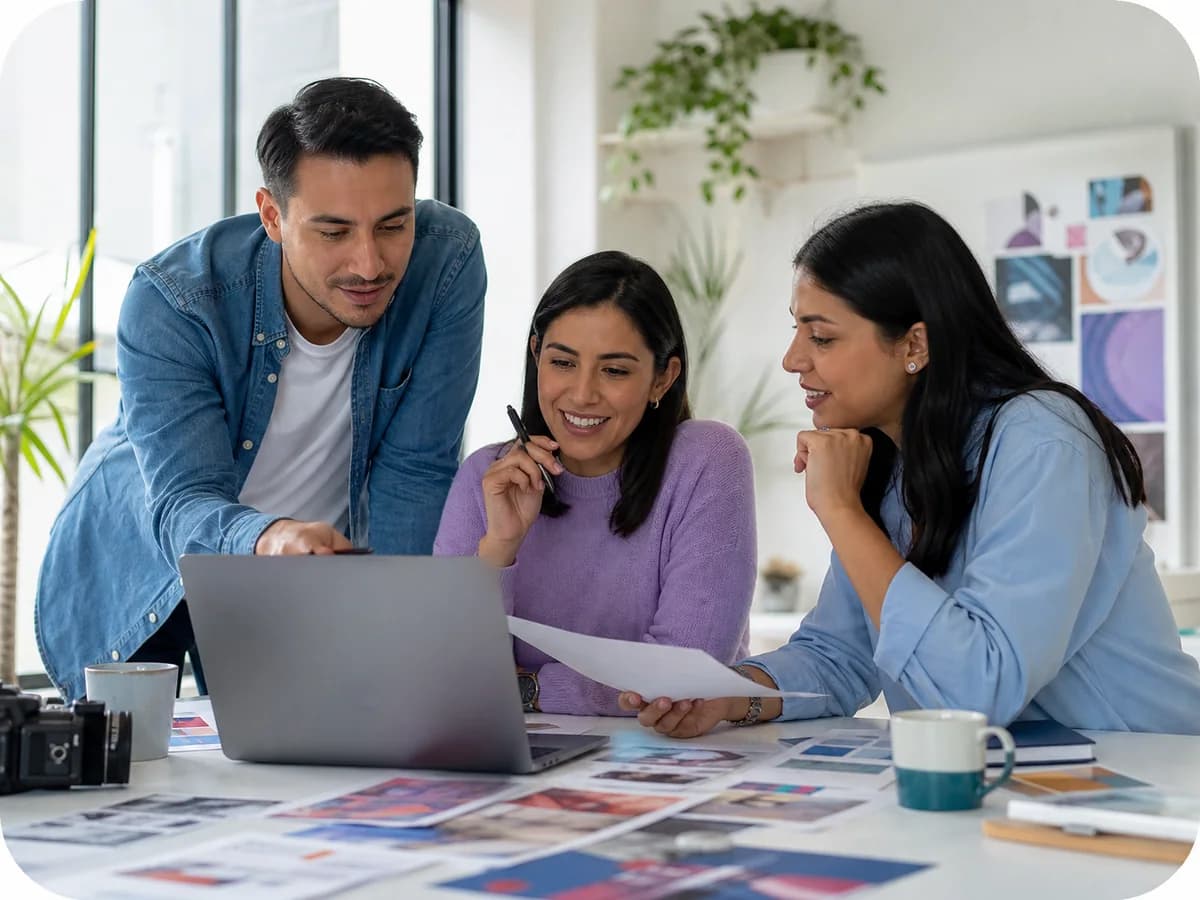 Equipo de agencia colaborando alrededor de un proyecto